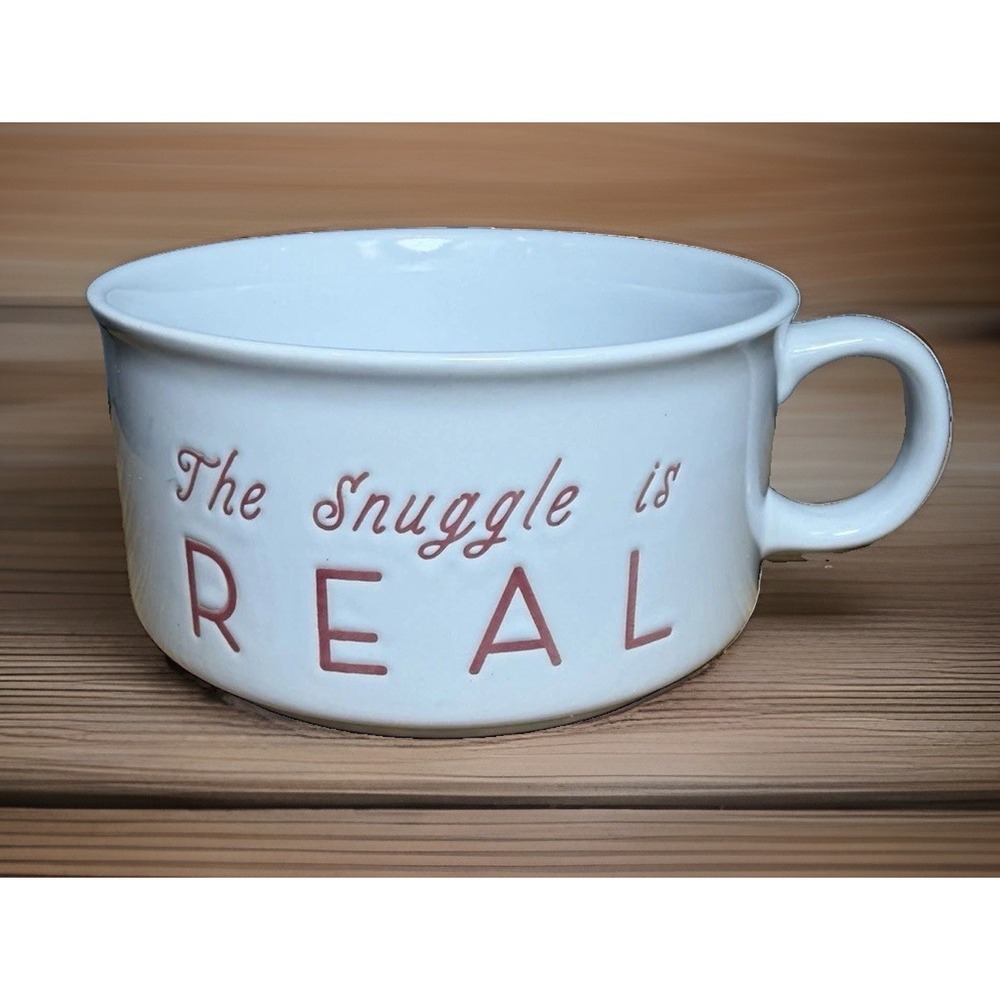 The SNUGGLE IS REAL Large Ceramic Soup Mug Bowl  With Handle White/Pink